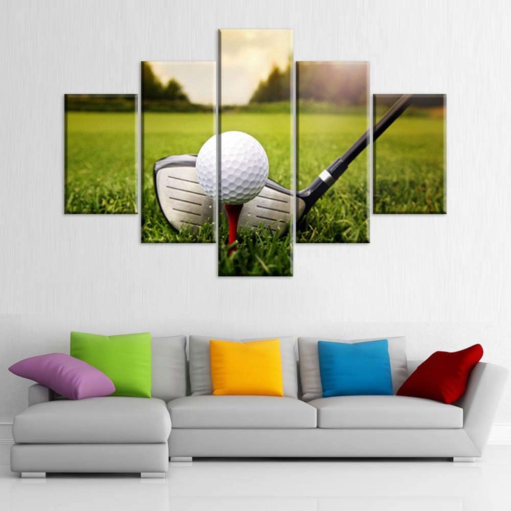 5 Piece Canvas Wall Art Golf Course at Sundown Pictures for Living Room Contemporary Paintings Giclee Golfing Artwork House Decorations Wooden Framed Ready to Hang Poster and Prints(60''W x 40''H)
