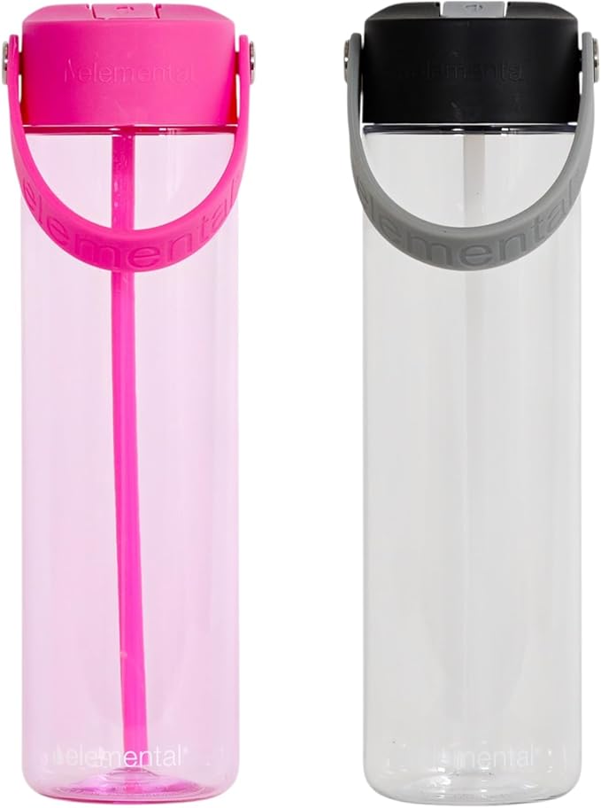 Elemental Splash Water Bottles - BPA-Free Tritan Plastic Reusable Water Bottle with Strap - Ideal for Gym and Sports Leak Proof when Spout is Closed - Hot Pink & Midnight Clear - 26oz (2 Pack)