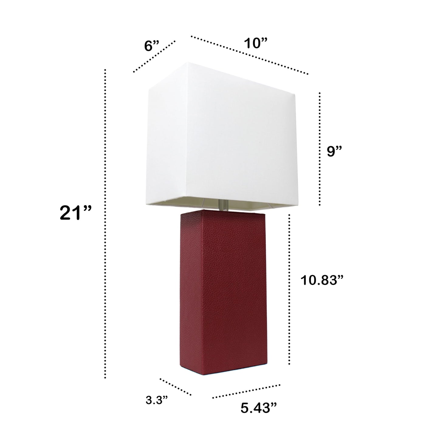 LALIA HOME Lexington 21in Leather Base Bedside Table Lamp, Red, MDF and Fabric Shade for Living Room, Bedroom, Office, Model LHT-3008