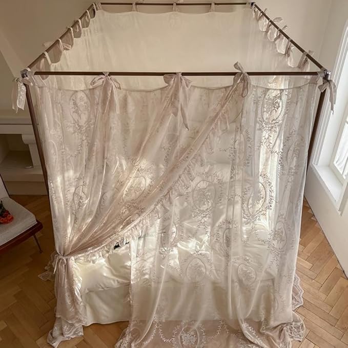 Elegant Lace Princess 4 Corner Post Mosquito Net Romantic for Girls Women Bed Curtain Canopy for Adult Wedding Bedroom Kids Rooms Decoration (Color-C, Queen)