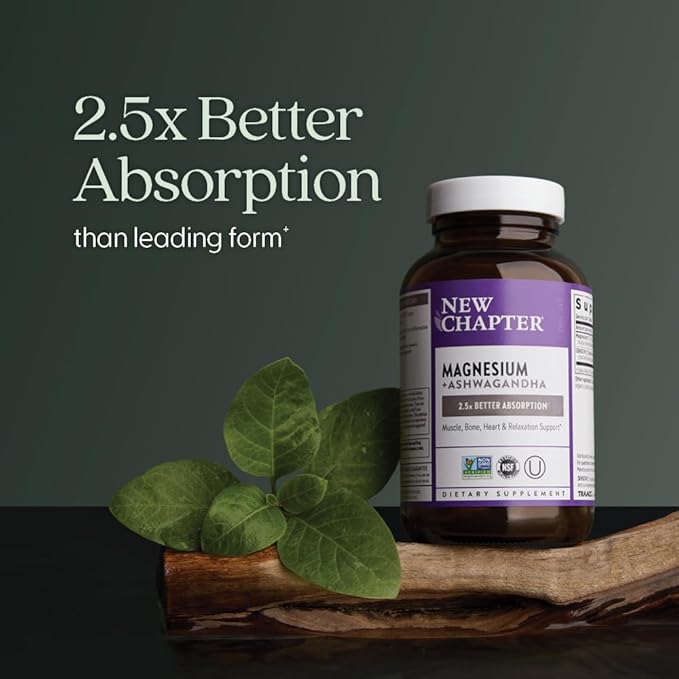 New Chapter Magnesium + Ashwagandha Supplement, 325 mg with Magnesium Glycinate, 2.5x Absorption, Muscle Recovery, Heart & Bone Health, Calm & Relaxation, Gluten Free, Non-GMO - 90 ct (3 Month Supply)