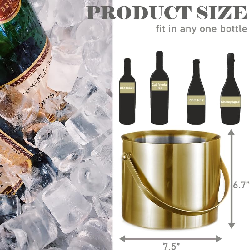 Sipoyen Gold Ice Bucket with Lid, Handle and Tong Insulated Stainless Steel Champagne Bucket 3L Wine Bucket for Party Bar ...