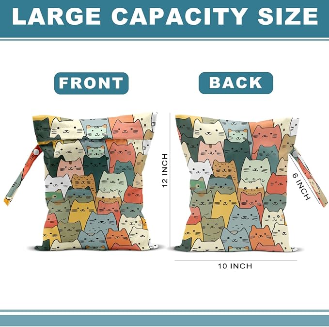 2Pcs Cat Wet Bag 12x10 Inch, Funny Cats Waterproof Reusable Wet Dry Bag, Washable Travel Laundry Bags for Swimsuit Pool Travel Beach Diapers Dirty Yoga Gym Clothes, Cat Gifts for Women Friend Family