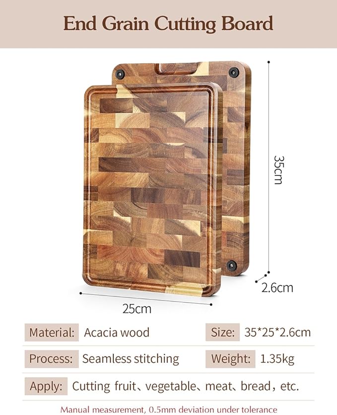 XINZUO Acacia Wood End Grain Cutting Board (13.8''L x 9.8''W x 1''T)-Wooden Chopping Board with Non-Slip Feet, Side Handles and Juice Groove
