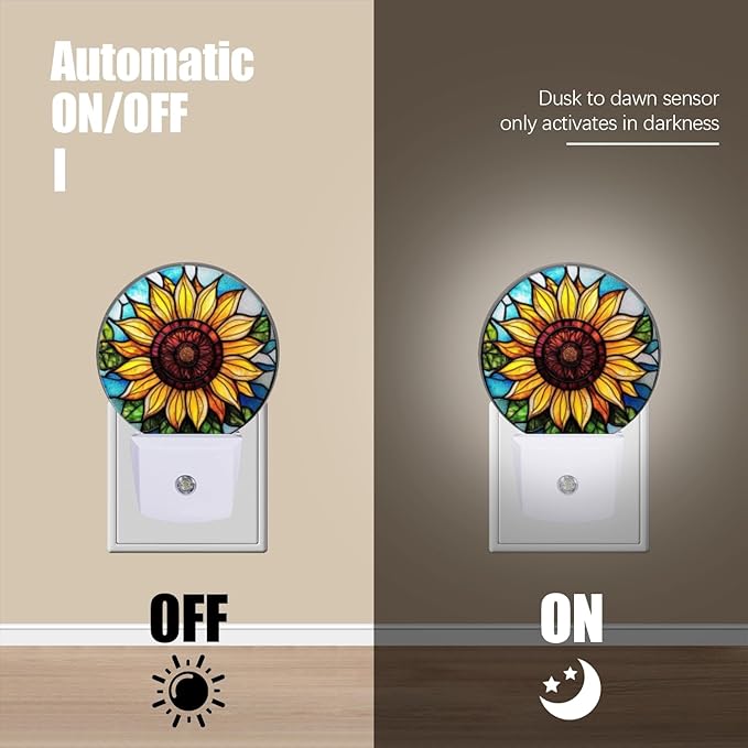 Round LED Night Lights Lamp with Dusk to Dawn Sensor, Yellow Sunflower in The Center Night Light Plug Into Wall for Kids Room, Bedroom, Bathroom, Kitchen, Hallway