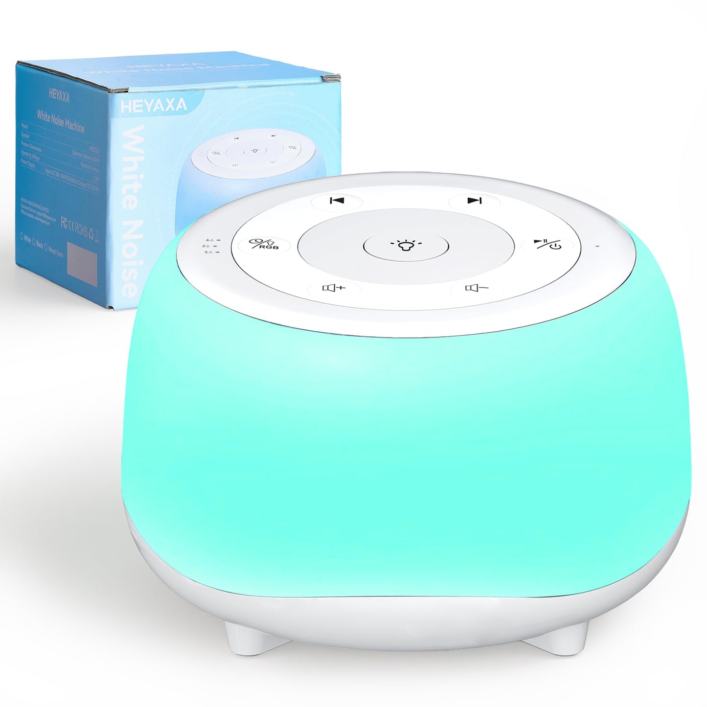 HEYAXA White Noise Sound Machine with 7 Colors Night Light 34 Soothing Sounds, Portable Sound Machine for Baby Adults Kids Sleep with 30 Volume Levels 4 Timers Adjustable Brightness (White)