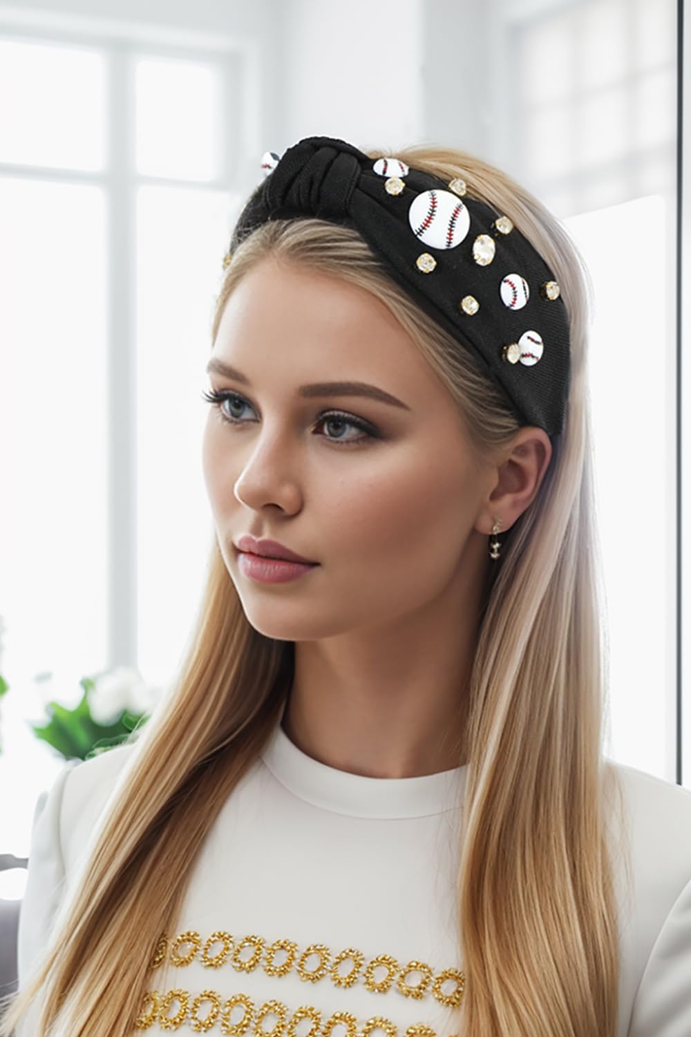 Gmmidea Baseball Headbands for Women Pearl Crystal Knotted Headband Bejeweled Baseball Charm Embellished Headband Wide Knot Spor