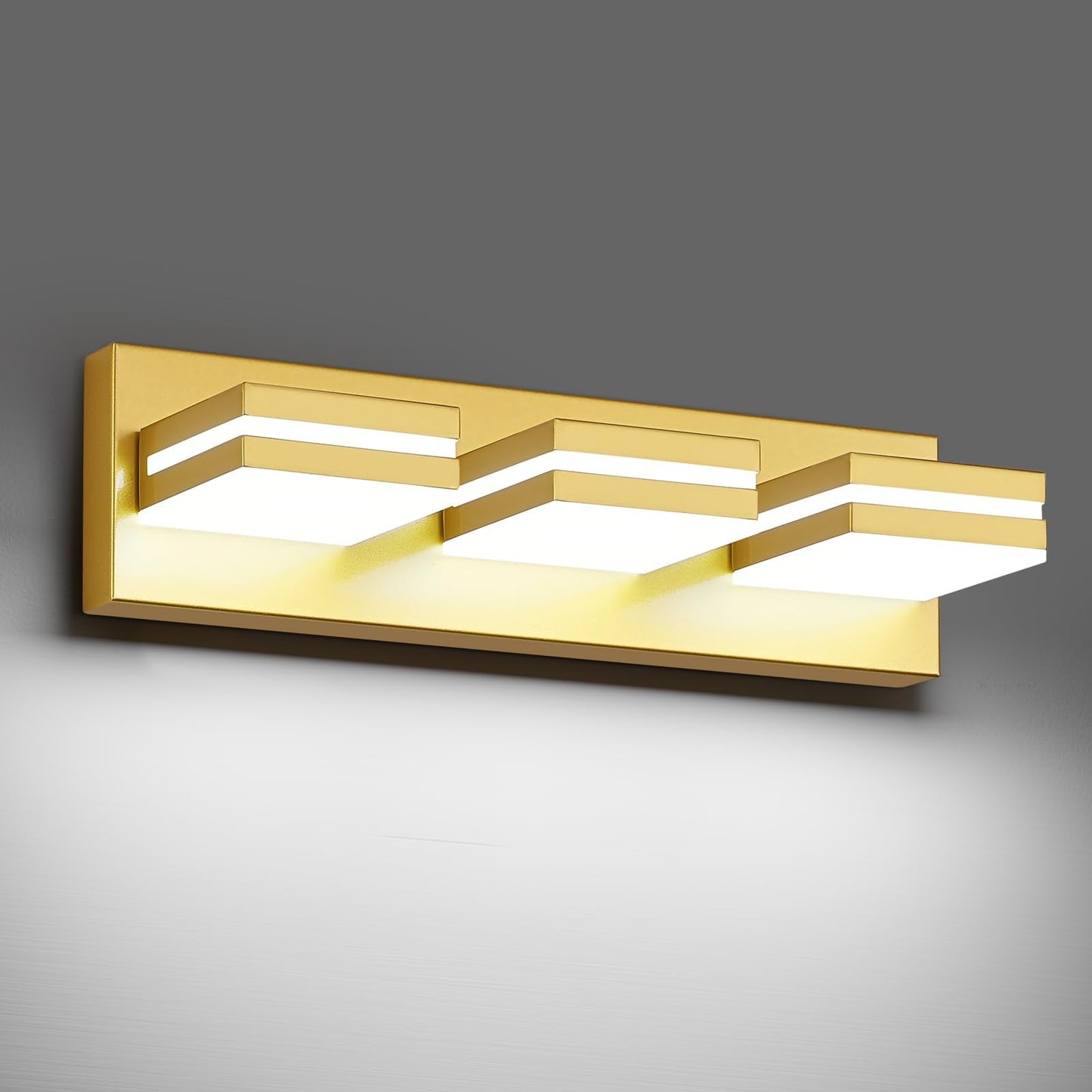Jzekvn Modern Led Bathroom Lights Fixtures(3-Light) Metal Gold Acrylic Wall Lighting Vanity Lights For Bathroom Over Mirror 6000K 16In