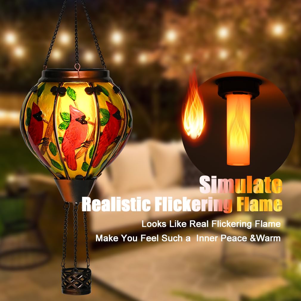 Hot Air Balloon Solar Lantern - Cardinal Bird Glass Lantern  Simulated Flickering & Dancing Flame  Outdoor Hanging Yard Light Waterproof Ip65 For Patio Lawn Porch Decor Gift