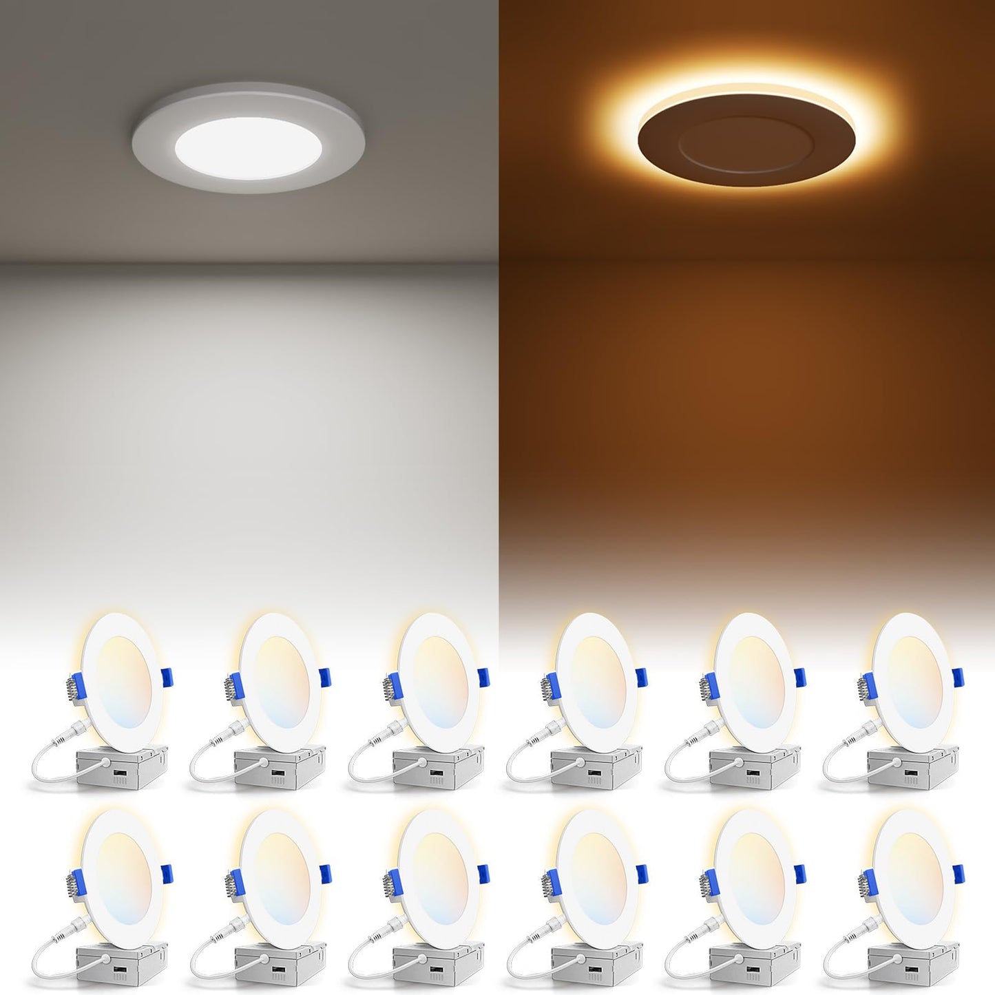 VOLISUN 12 Pack 3 Inch 5CCT Recessed Light with Night Light,Canless LED Recessed Lighting 3 inch,2700K-5000K Selectable,Dimmable Recessed Ceiling Wafer Light,ETL Certificated