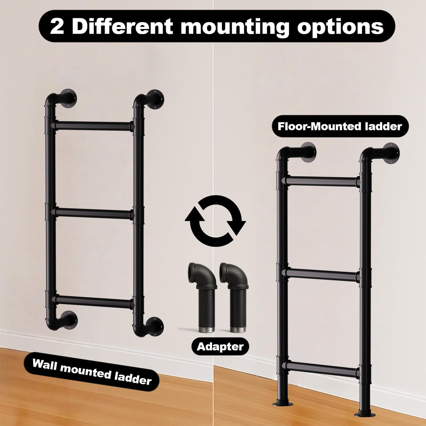 Black 3-Rung Window Well Ladder, 3FT Egress Wall Mounted Ladder for Indoor Climb Use, Wall/Floor Mountable Iron Step for Loft, Basement, Blanket Rack, Farmhouse, Space-Saving