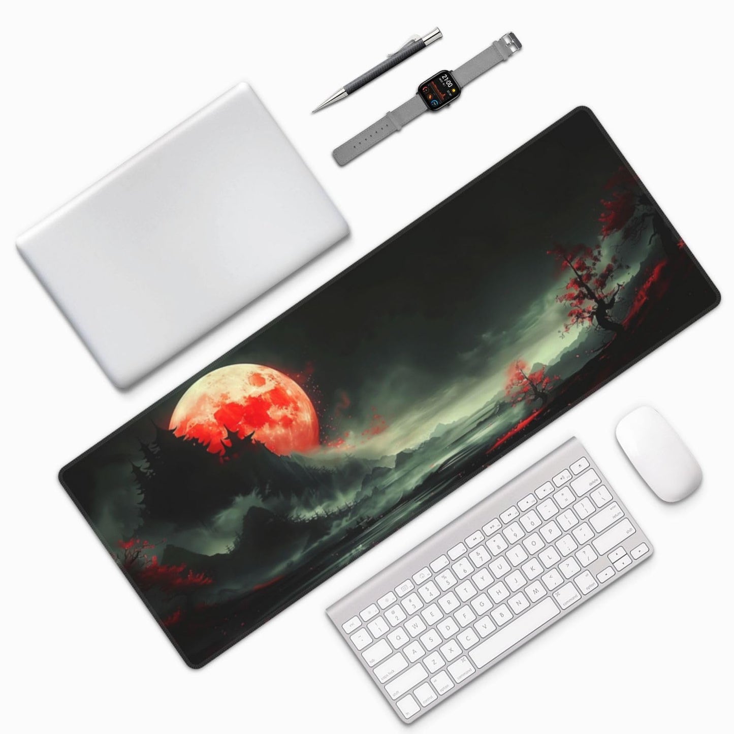 Extended Gaming Mouse Pad, Large Desk Mat XL Anime Mouse Pad Waterproof with Stitched Edges, Non-Slip Desktop Pad for Home and Office, Level Up Your 31.5x11.8 Inch (Red Moon)