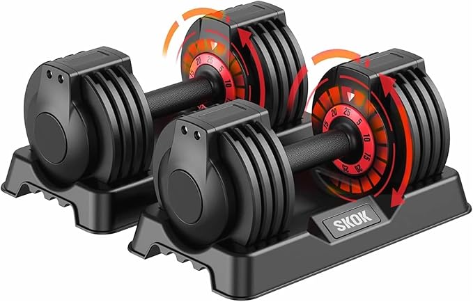 SKOK 25lbs Pair Adjustable Dumbbells Set, Adjustable Weights Dumbbells Set for Men and Women with Anti-Slip Fast Adjust We...