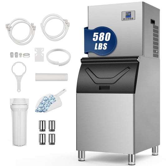 580 lbs/Day Commercial Ice Machine with 380 lbs Bin - Stainless Steel Industrial Commercial Ice Cube Maker w/Self-Cleaning & Timer for Bars, Restaurants