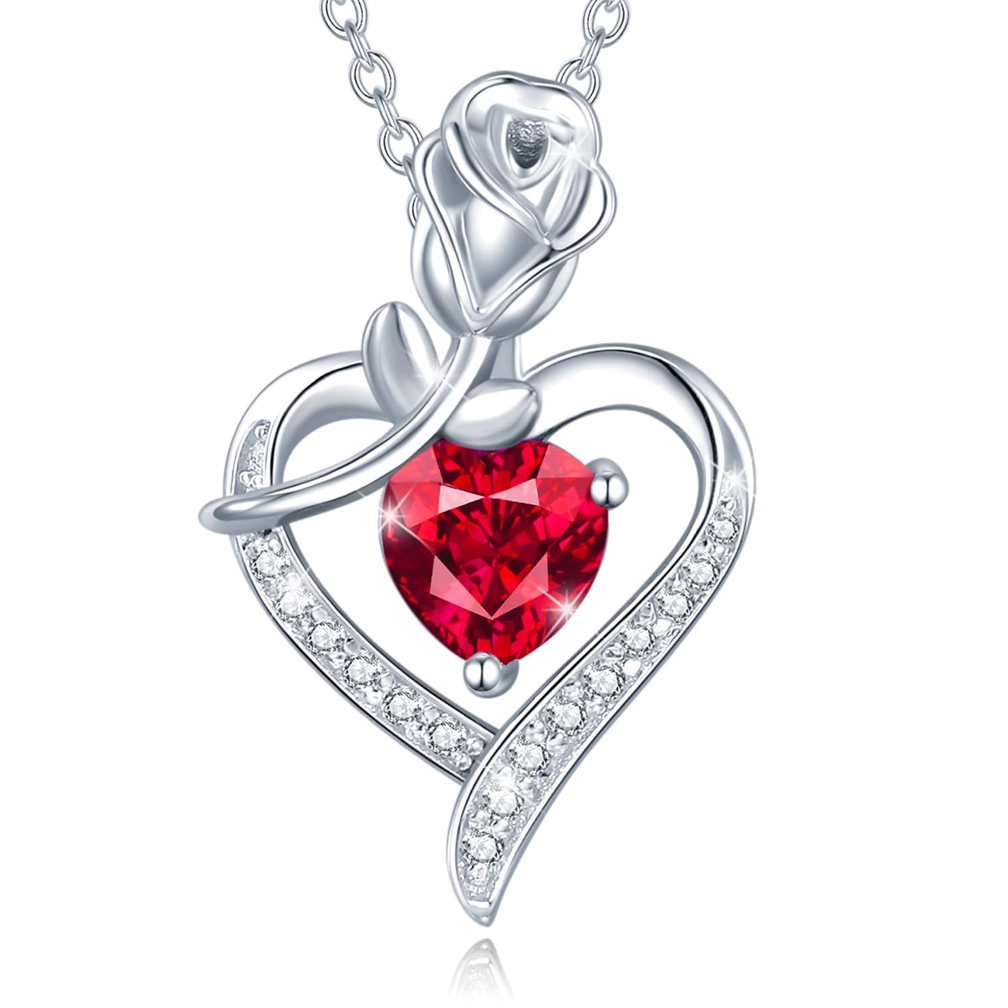 AGVANA July Birthstone Jewelry Ruby Necklace for Women Sterling Silver Rose Flower Heart Pendant Necklace Fine Jewelry Anniversa