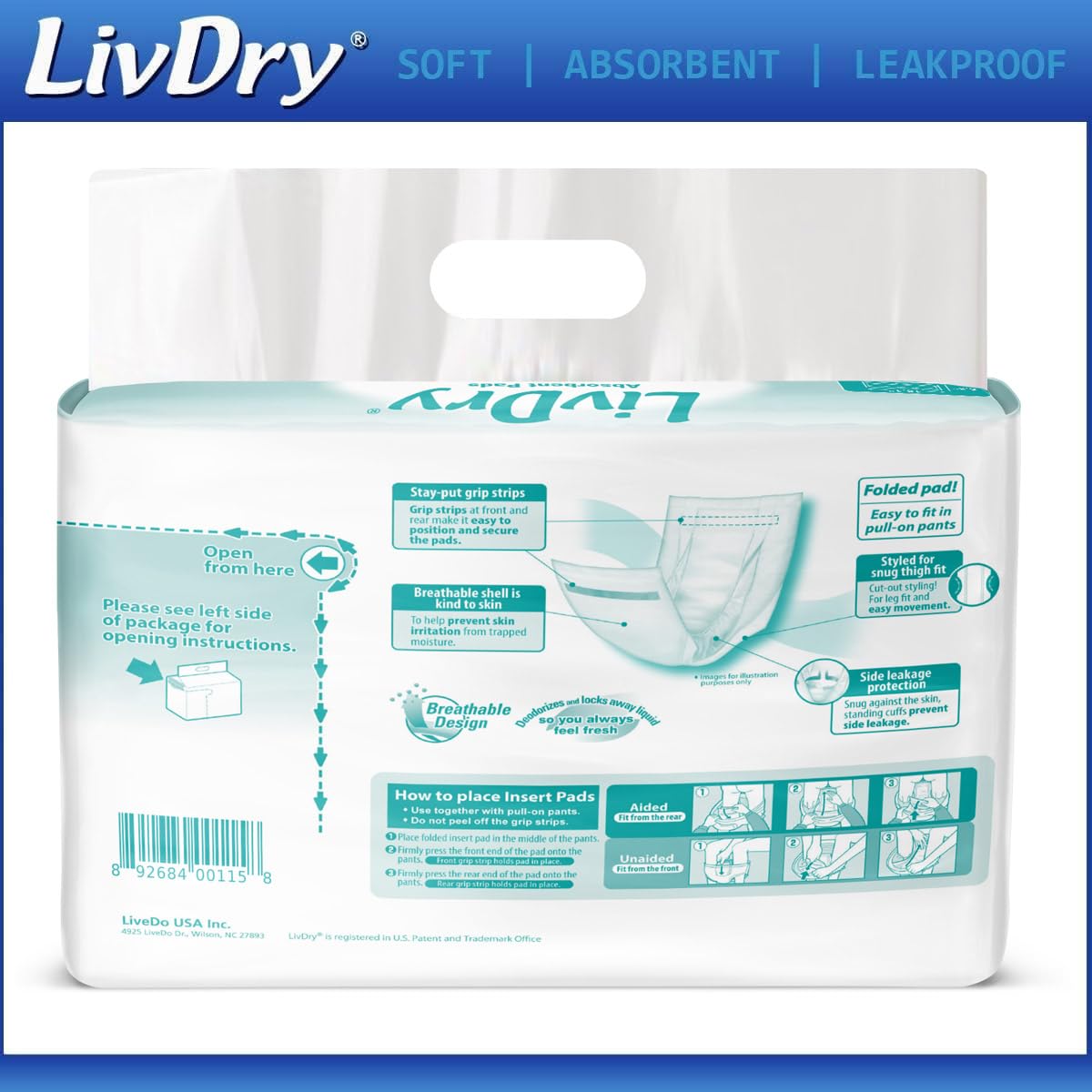 LivDry Incontinence Pad Insert Long Length, Protection for Men and Women, Extra Absorbency with Odor Control (240 Count)