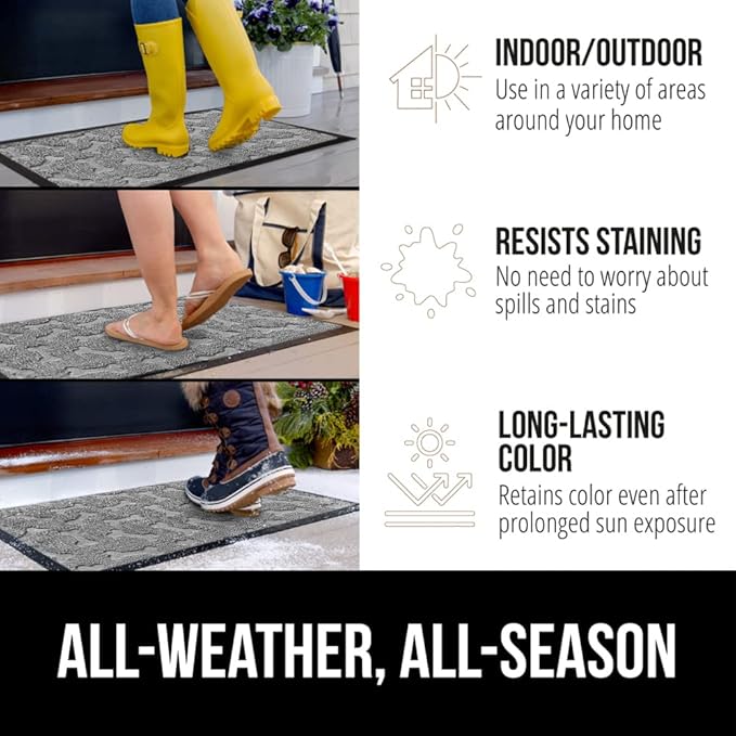 GORILLA GRIP 100% Waterproof All-Season WeatherMax Doormat, 47x35, Durable Natural Rubber, Stain and Fade Resistant, Low Profile Indoor Outdoor Door Mats, Easy Clean Patio Entry Mat, Light Gray Bones