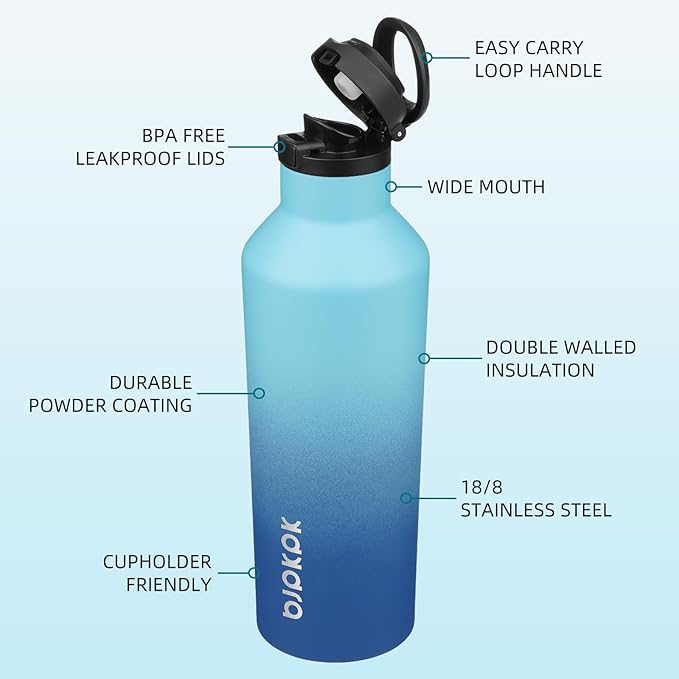 BJPKPK Insulated Water Bottle With Straw 25oz Stainless Steel Water Bottles With 2 Lids And Carry Handle Reusable Travel Metal Thermal Flask,Sky