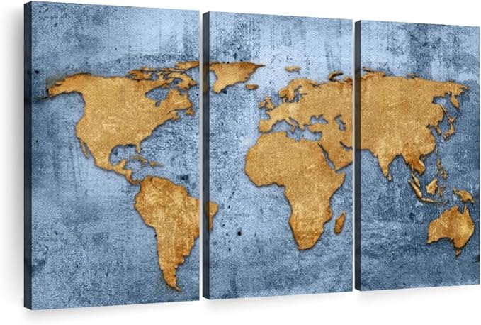 ElephantStock Azure World Map Wall Art Multi Piece Canvas - 3 Panel Wall Decor - Map of the World Art - Canvas for the Office and Home - 23" X 14"