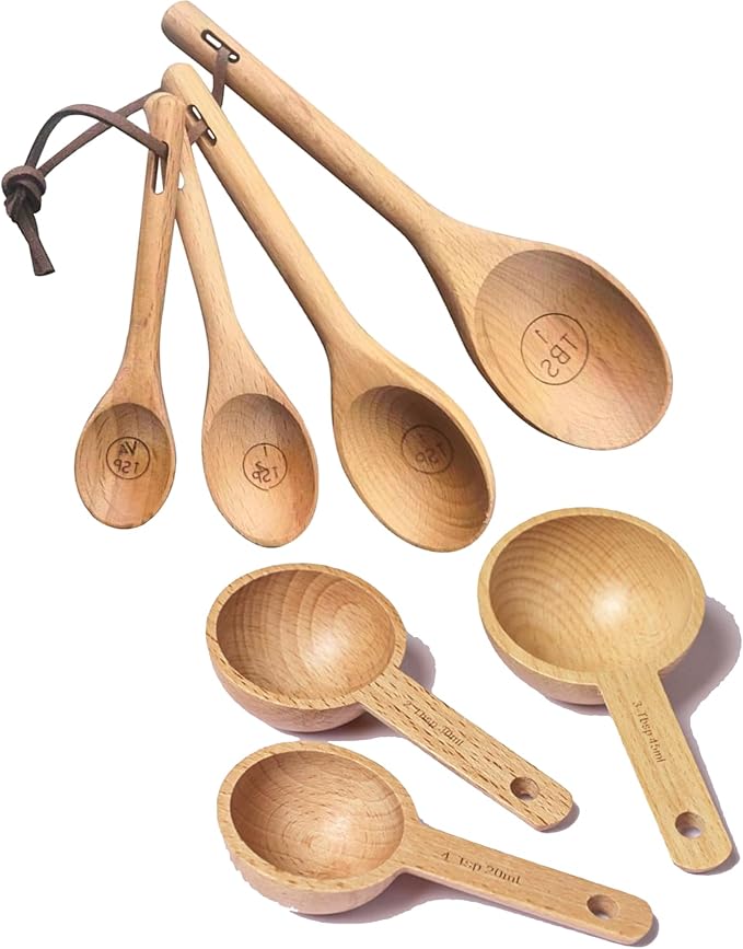 Set of 7pcs Wooden Measuring Spoons,Cute Measuring Cups for Measuring Dry Ingredients Sugar Spice Salt Baking Coffee Tea, Wood Kitchen Accessories,Ideal for Bakers, Chefs & Home Cooks