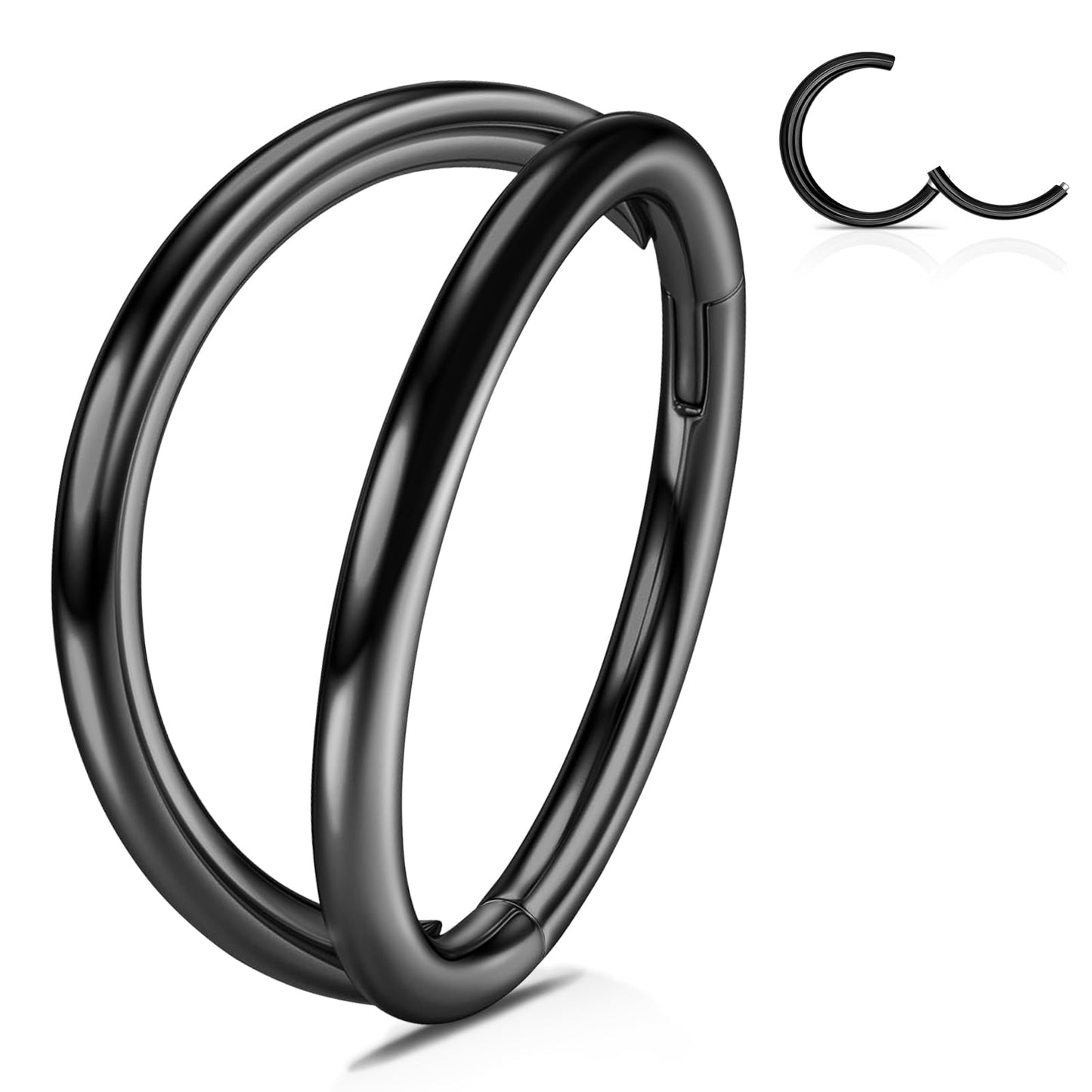 WBRWP Nose Ring Lip Rings Septum-Clicker: Double Black Ring Hoops 20G 8mm 316L Surgical Steel Sleeper Helix Rook Conch Cartilage