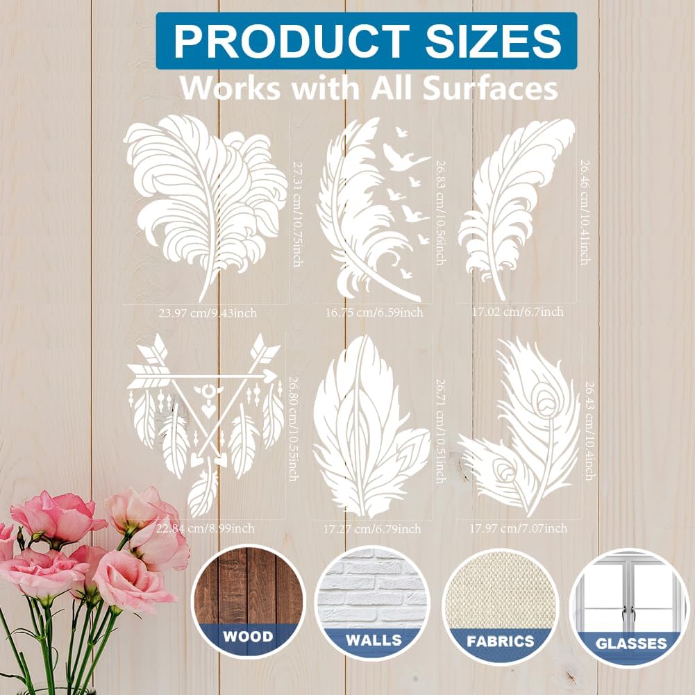 MAYJOYDIY 6pcs Bird Feather Stencils 11.811.8/11.78.3inch Large Arrow Kit With Paint Brush, Peacock Template for Wood, Canvas, Fabric, Wall, Furniture Decor