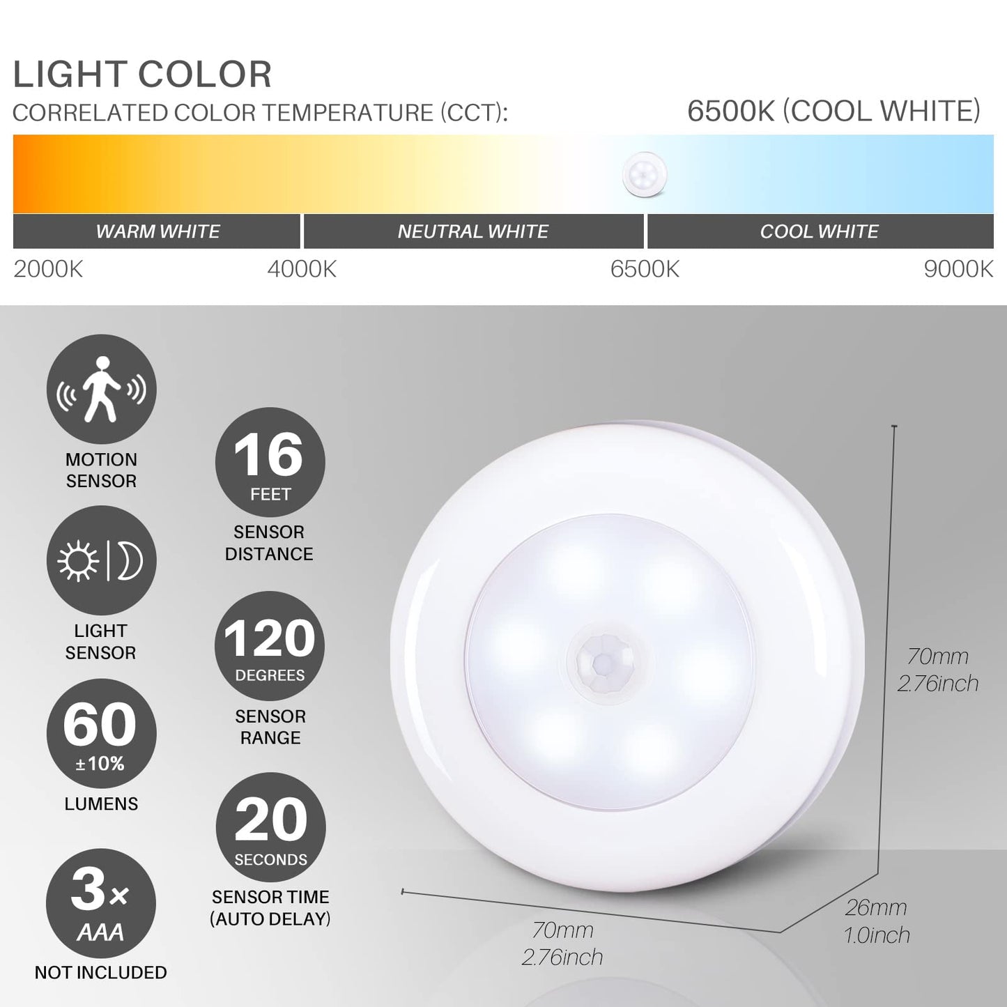 Star-Spangled Motion Sensor Led Puck Lights, 6 Pack, Cool White, Battery Operated, Model Ca-21B, Perfect For Stairs & Cabinets