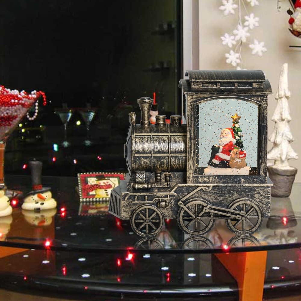 GenSwin Christmas Snow Globe Lantern Train Water Swirling Glitter with 6H Timer, Musical LED Lighted Battery Operated Santa Claus Scene for Christmas Home Decoration and Gift(Copper)