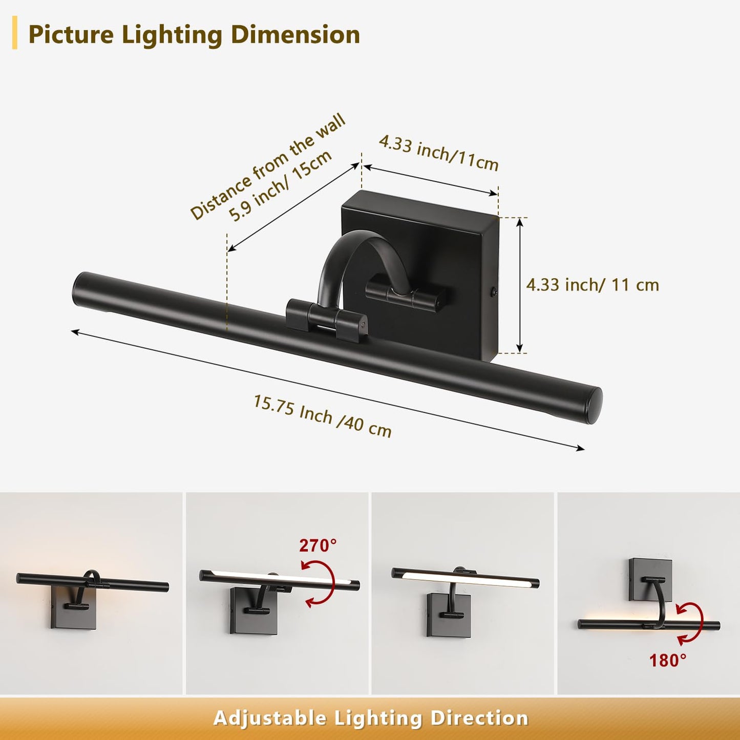 DESOOP Black Picture Lights for Wall Dimmable Art Lights for Paintings Hard-Wired LED Painting Light Gallery Light for Portrait, Artwork, Frame 15.75 Inch 7W Warm White