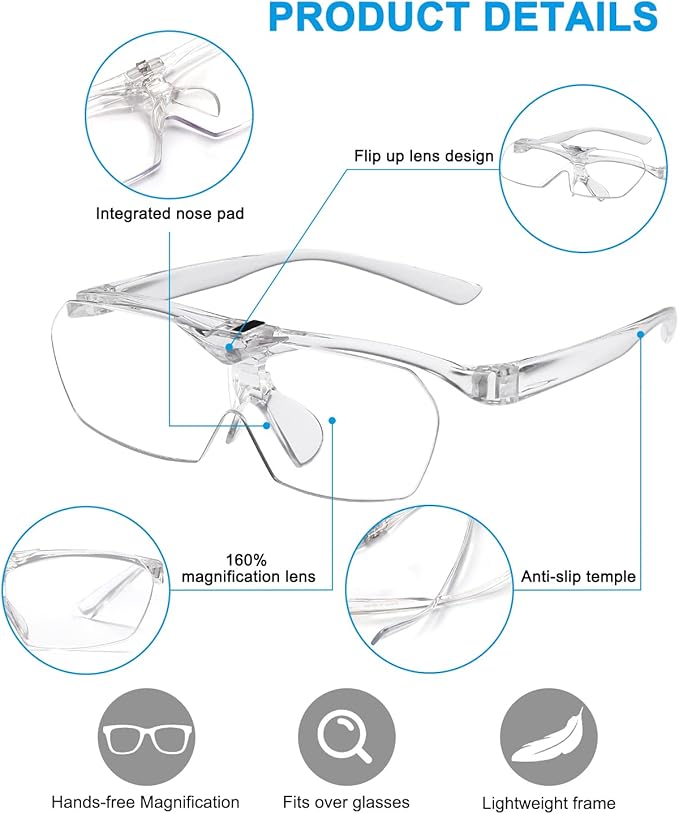 OKH 160% Magnifying Glasses, Flip Up Down Lens, Hands-Free Magnifier Eyeglasses for Close Work, Reading, Sewing, Jewelry Making, Craft, Hobby, Painting