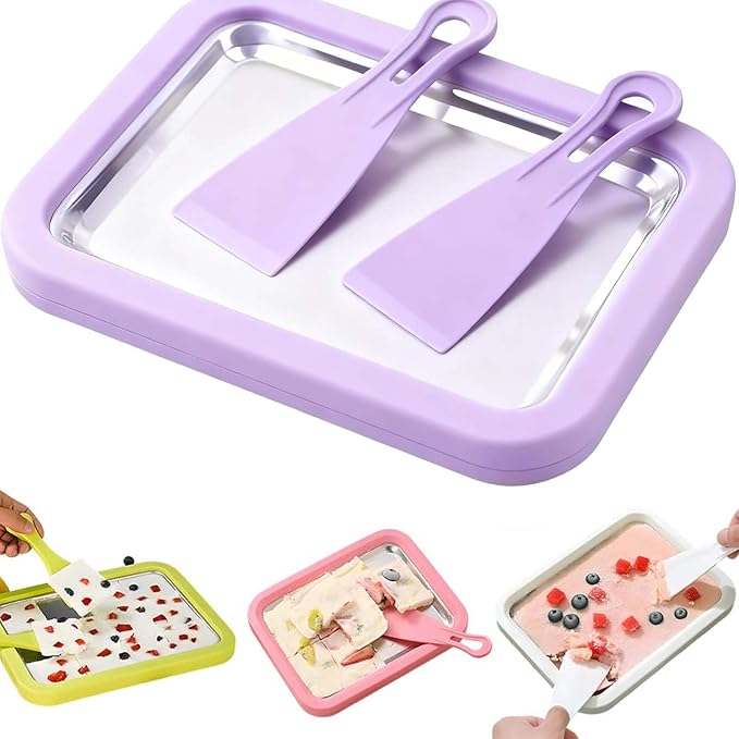 Rolled Ice Cream Maker Kit, 2026 New At-Home Stainless Steel Instant Freeze Plate with 2 Scrapers, DIY Rolled Ice Cream Tray, Perfect for Family Fun, Easy Homemade Desserts (Purple)