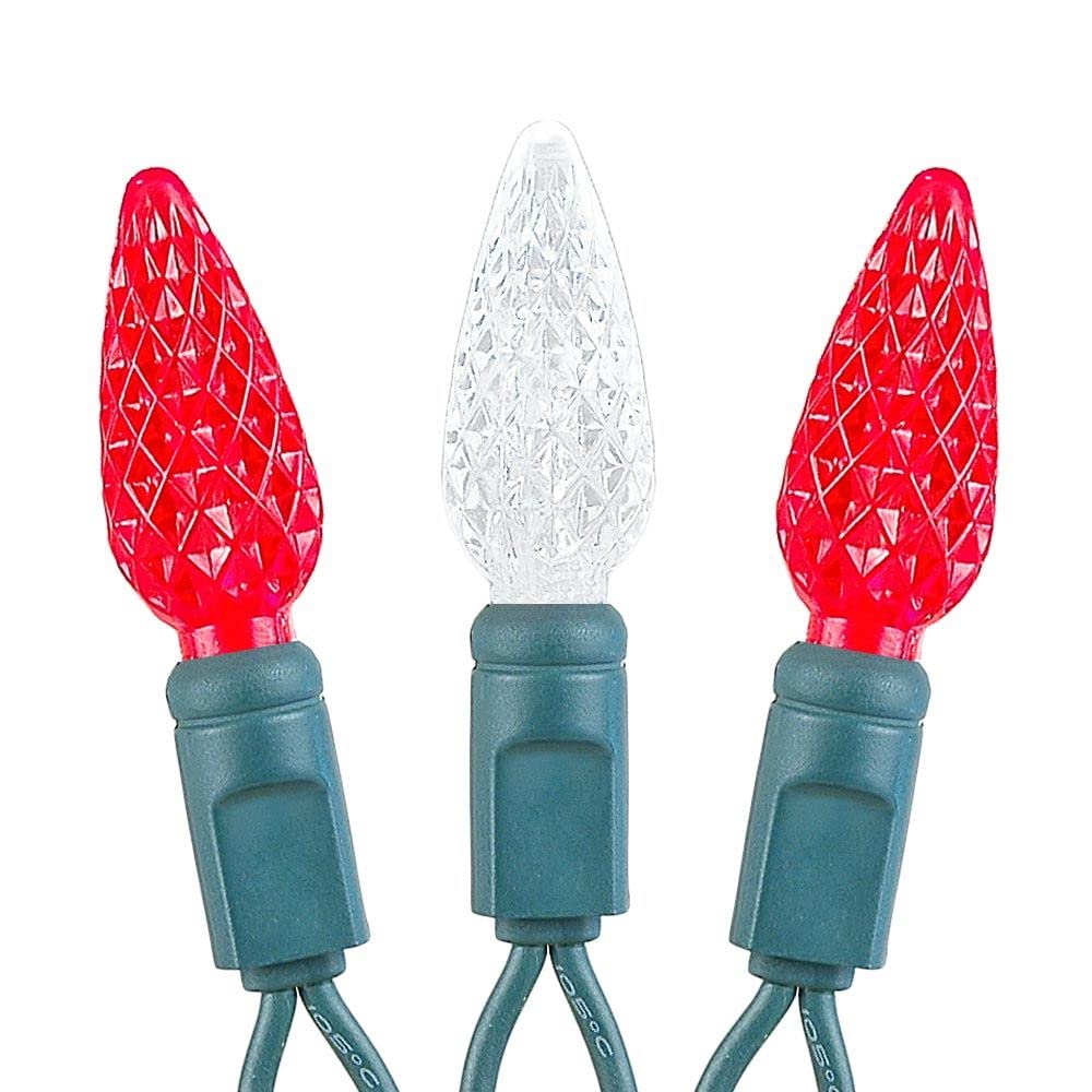 Novelty Lights C6 LED Christmas Mini Light Set, 70 Lights, 24ft, Red/Pure White, Commercial Grade, Green Wire