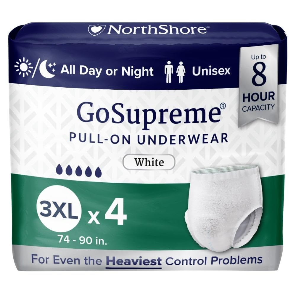 NorthShore GoSupreme Overnight Pull-On Underwear, 8-Hour Leak Protection, 3X-Large, 4-Count Starter Bag, White, (74-90 in Waist), Unisex Adult Diapers
