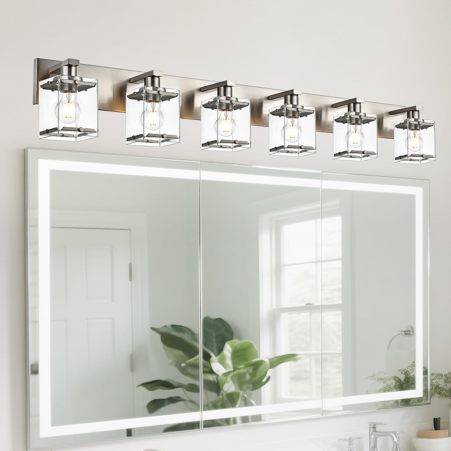 Winshen 6-Lights Brushed Nickel Bathroom Light Fixture Over Mirror  Modern Wall Sconce With Clear Glass Shades  E26 Bulb Base Vanity Lighting For Over Mirror Kitchen