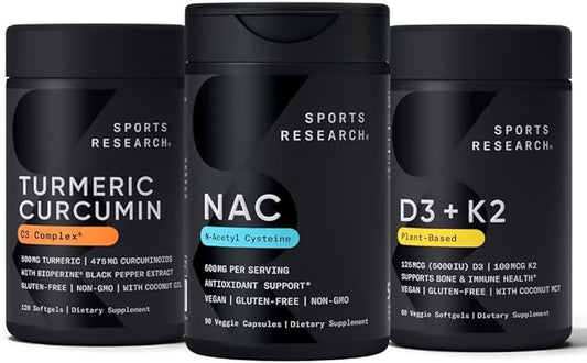 Sports Research Vitamin D3 K2 with Coconut Oil, Turmeric Curcumin C3 Complex Softgels with Bioperine Black Pepper Extract & Organic Coconut Oil and N-Acetyl L-Cysteine (NAC) 600mg Veggie Capsules