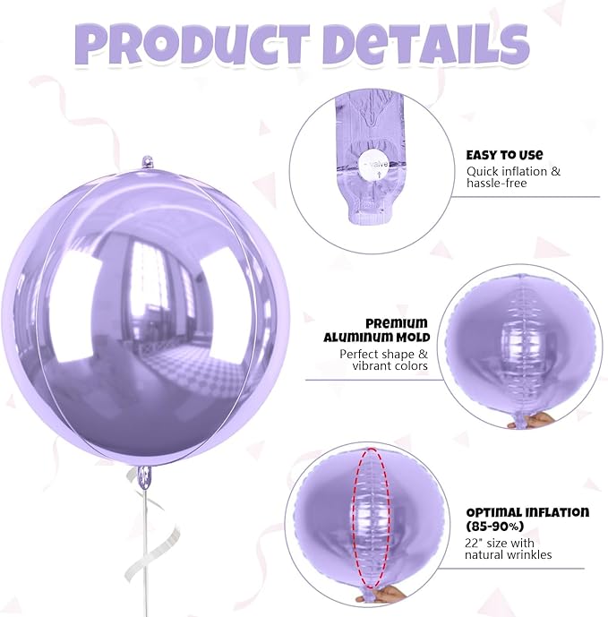 Pink Purple Giant 4D Foil Balloons, 6 Pcs Large Metallic Pink and Purple Round Balloons, 22 Inch Big Round Foil Balloon for Wedding Prom Birthday Party Baby Shower Decorations