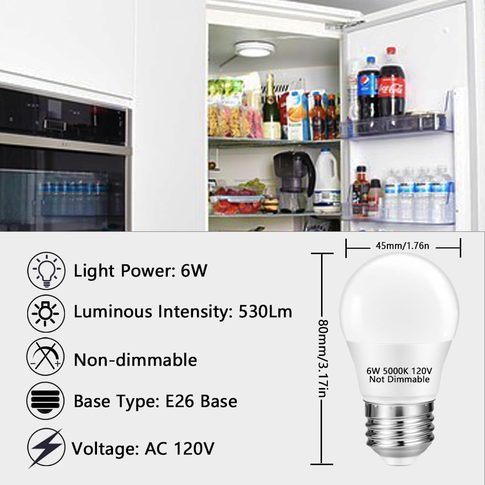 Neteha 2 Pack A15 6W 120V E26 Base Small Led Refrigerator Light Bulb  Non-Dimmable 60W Equivalent 5000K Daylight White A15/G45 Shape Led Appliance Bulb For Ceiling Fan And Lighting Fixtures
