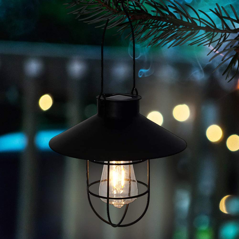 pearlstar Solar Lantern Outdoor Light, Metal, Warm White Edison Bulb, Black, Model 049