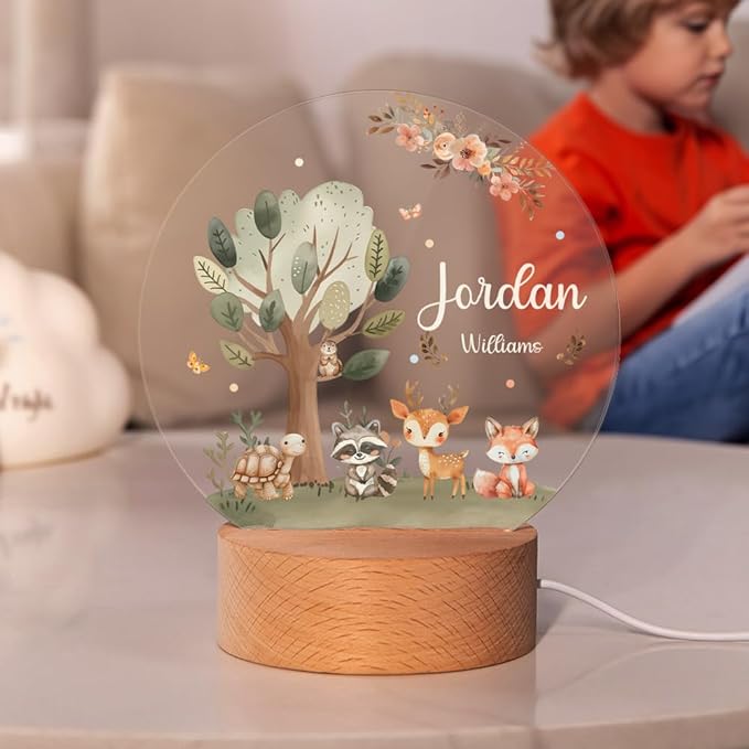 callie Acrylic Night Light Name Plate Personalized, Custom Cute Fox Deer Turtle Forest Animal with Wooden Base Bedroom Decor, Birthday Gifts Kid Gifts for Family (Forest Fauna)