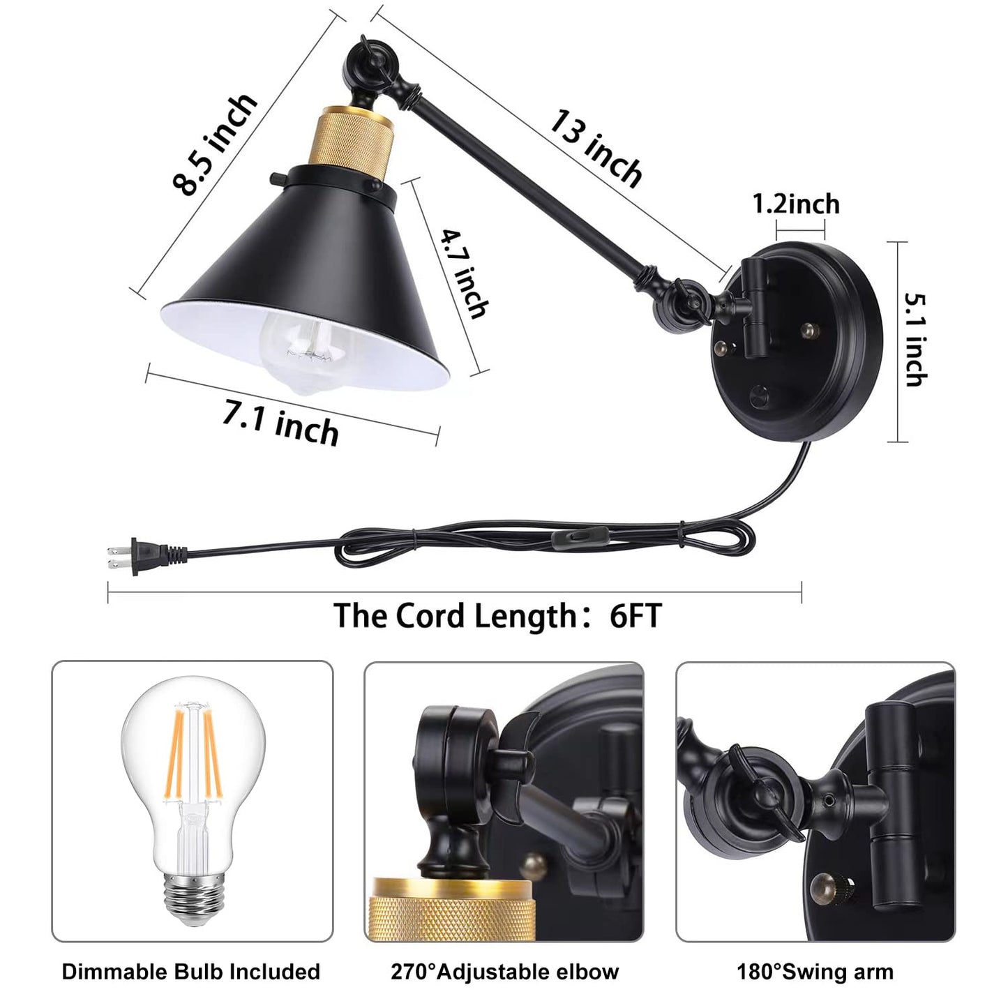 TRLIFE Wall Sconce, Dimmable Swing Arm Light, Metal, Black, 1 Pack, Model Arm-Sconce-01, Bulb Included