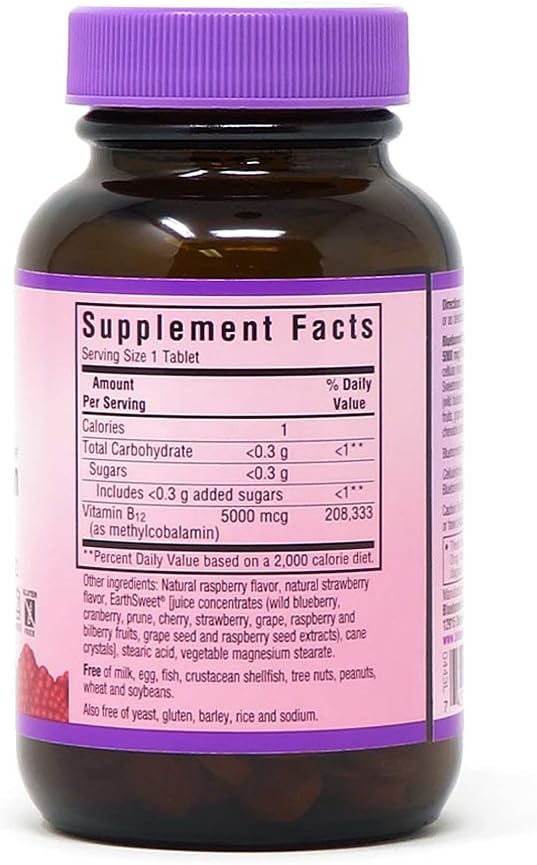 Bluebonnet Nutrition EarthSweet Methylcobalamin 5,000 mcg Active Coenzyme Form of Vitamin B12 Supports Energy Boost & Metabolism - Vegan, Gluten-Free - Raspberry Flavor - 60 Chewable Tablets