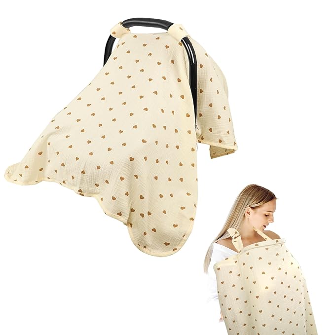 Hooyax 2-in-1 Baby Car Seat Cover & Nursing Cover, 100% Muslin Cotton, Breathable Car Seat Canopy and Privacy Breastfeeding Cover, Tiny Heart