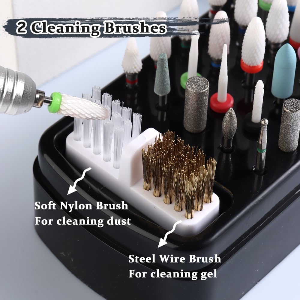 2 in 1 Nail Drill Bits Holder with Nail Drill Bits Cleanser, 30 Holes Dustproof Drill Bits Stand Display Storage Box, Steel Wire
