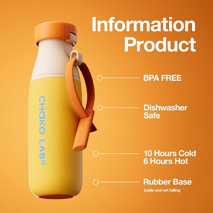CHAKO LAB Insulated Stainless Steel Water Bottle with Two Strap | BPA-Free Leak Proof | 17oz Bottle with Spout Lid & Straw | Orange Marmalade
