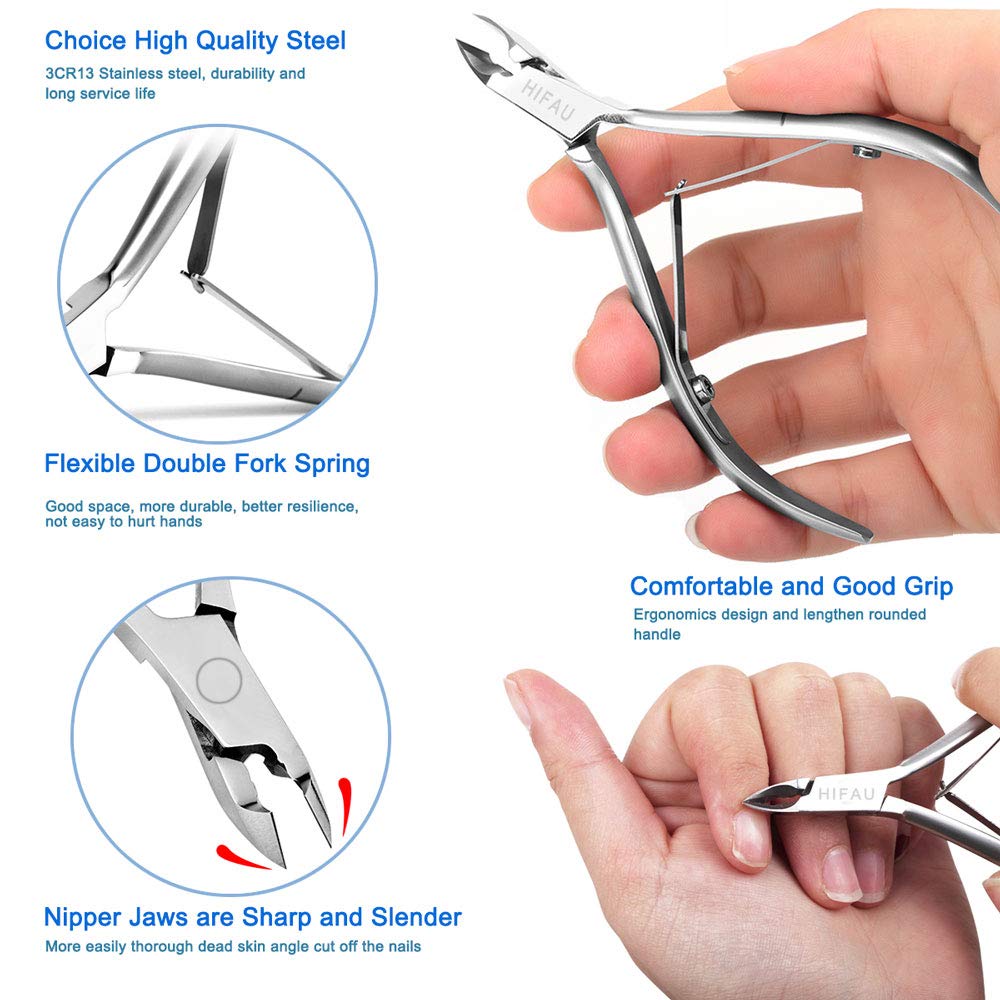 HIFAU Professional Cuticle Nippers Set, Stainless Steel Manicure Kit - Cuticle Nipper, Cuticle Pusher & Cutter, Triangle Nail Po