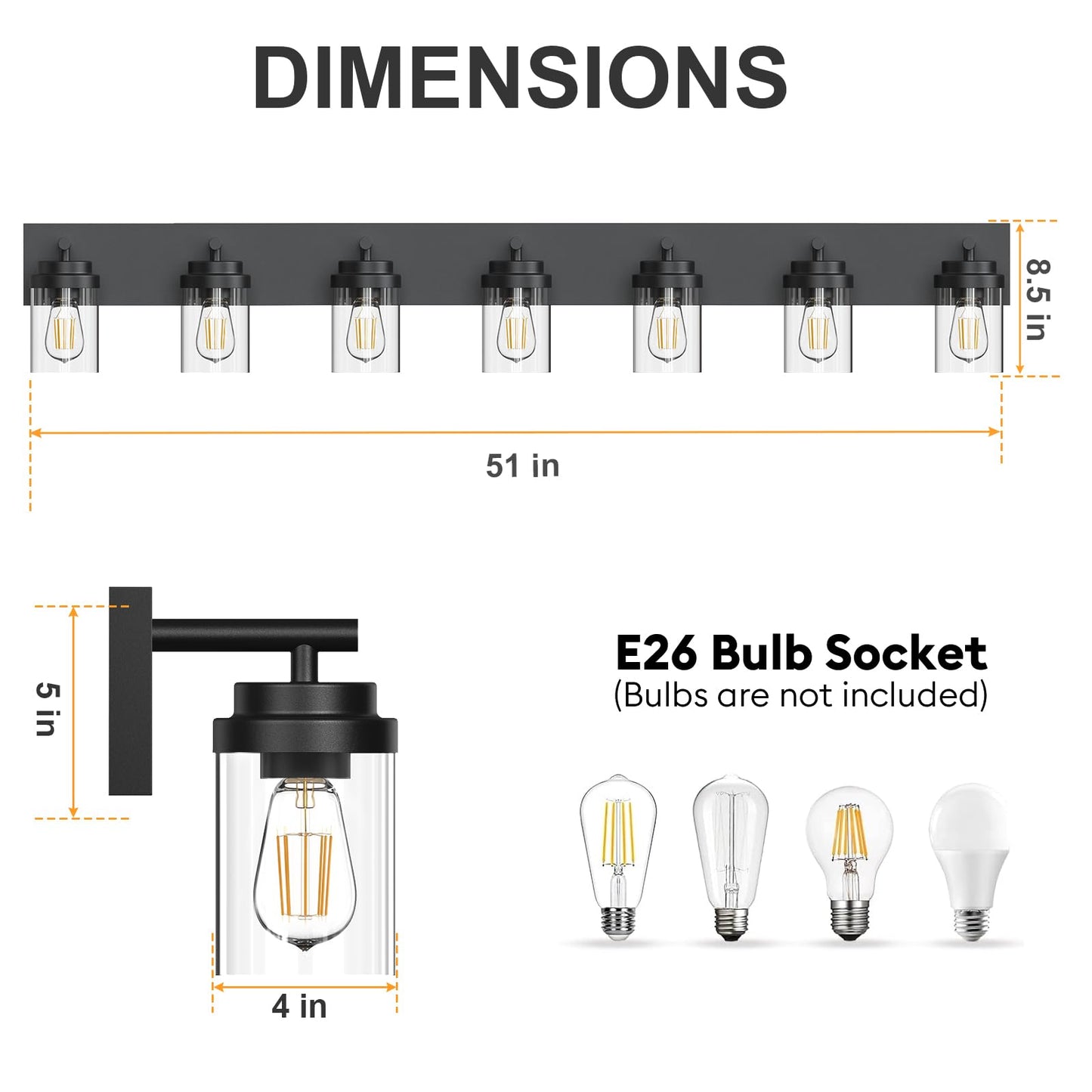 Izorro Bathroom Vanity Light Fixture  7-Light 51 Inch Matte Black Bathroom Light Fixtures Over Mirror  With Clear Glass Shade  Modern Farmhouse Vanity Lights  Rustic Restroom Lighting Fixtures
