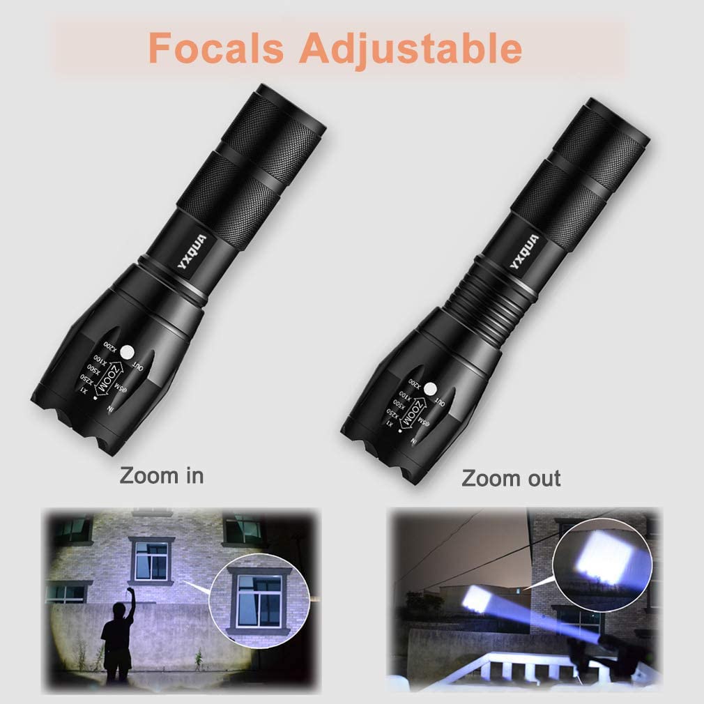 YXQUA USB Rechargeable Flashlight, 8381 High Lumens, 3 Modes, Zoomable, Waterproof, 5.1 in, Black, Aluminum