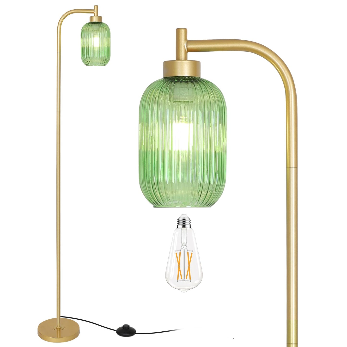 LAMSU Glass Floor Lamp - Modern Gold Standing Lamp with Green Stripe Glass Shade, Foot Switch, Vintage Brass, Model 250407A1