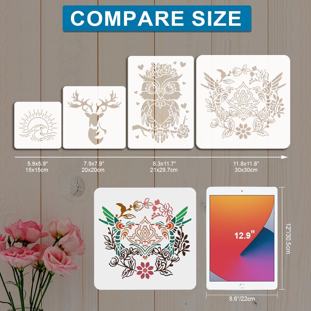 MAYJOYDIY 9pcs Sunrise Stencil 6×6inch Boho Sunrise Sunset Stencil for Painting with Paint Brush Sun Sea Waves Coconut Trees Forest Drawing Stencils for Crafts Wood Wall Fabric Paper Wall Furniture