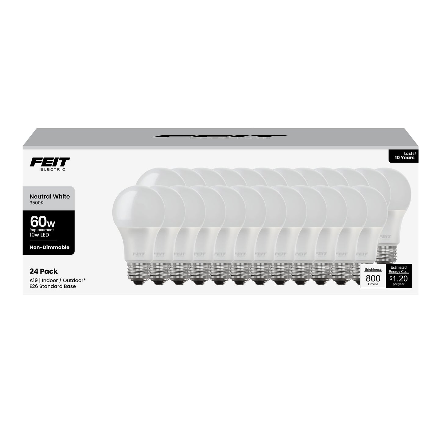 Feit Electric A19 LED Light Bulb, 60W Equivalent, E26 Medium Base, 800 Lumen, 3500K Neutral White light, Indoor/Outdoor General-purpose Light Bulbs, 11,000-Hour Lifetime, A800835/10KLED/MP/24, 24 Pack